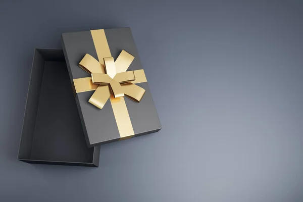 Top view of open black present box on gray background. Birthday, wedding, anniversary and christmas celebration. 3D Rendering