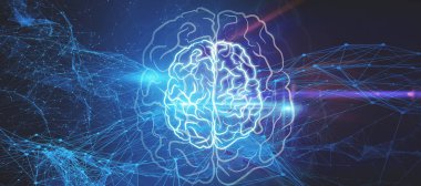 Renkli teknoloji arka planında çokgen ağ ile parlayan beynin soyut geniş panoramik görüntüsü. Yapay zeka ve makine öğrenme konsepti. 3B Hazırlama