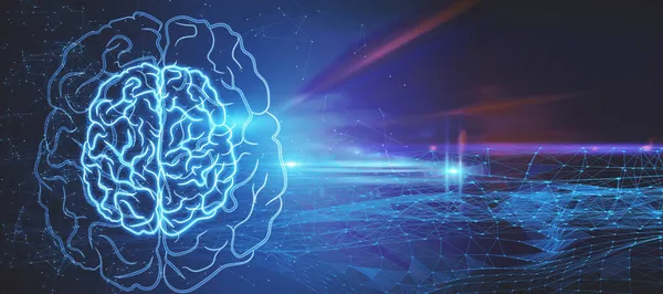 Abstract wide panoramic image of glowing brain with polygonal mesh on colorful tech backdrop. Artificial intelligence and machine learning concept. 3D Rendering