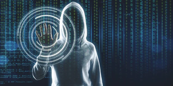 Hacker Hoodie Staan Abstracte Binaire Code Achtergrond Met Gezicht Herkenning — Stockfoto