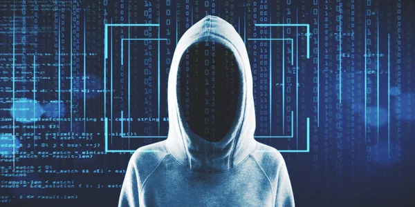 Haker Kapturze Stojący Abstrakcyjnym Tle Kodu Binarnego Interfejsem Rozpoznawania Twarzy — Zdjęcie stockowe