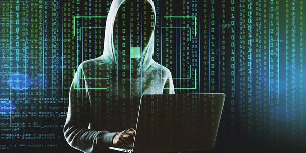 Hacker Hoodie Met Behulp Van Laptop Abstracte Binaire Code Achtergrond — Stockfoto