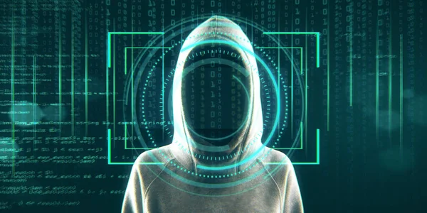 Hacker Στέκεται Αφηρημένο Φόντο Δυαδικού Κώδικα Διεπαφή Αναγνώρισης Προσώπου Hacking — Φωτογραφία Αρχείου