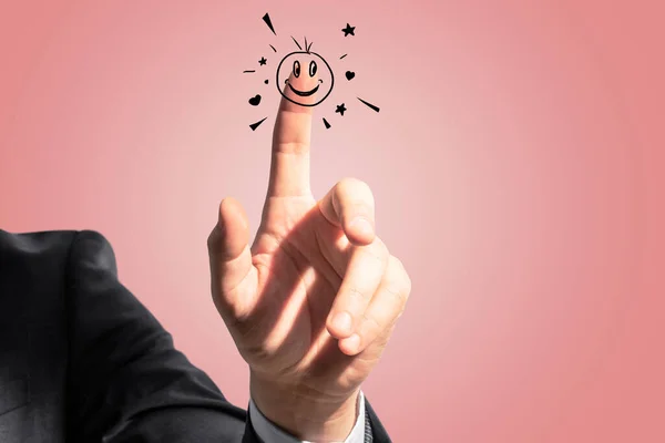 Close Businessman Hand Drawn Smileys Pink Background Creativity Emoticon Concept — Stock Photo, Image