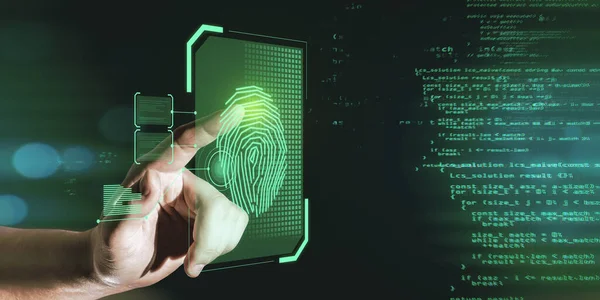 Hand pointing at glowing finger print interface on dark background with coding language. Security and biometrics concept