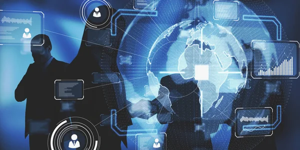 濃い青を背景に抽象的なデジタルビジネスインターフェイスと協力しているビジネスマン チームワーク テクノロジー 未来的なコンセプト 二重露光 — ストック写真