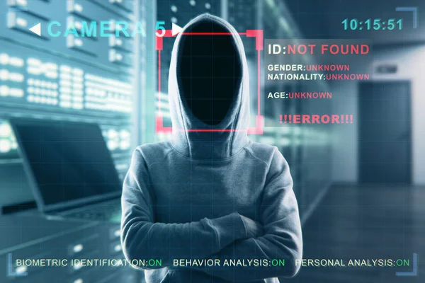 Security Camera Recognizing Hacker Hoodie Standing Blurry Server Room Interior — Stock Photo, Image