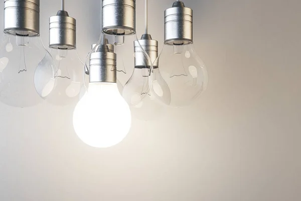 Glödande Glödlampa Suddig Betong Vägg Tapet Idé Innovation Lösning Och — Stockfoto