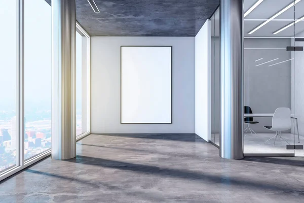 Modern Leeg Betonnen Interieur Met Blanco Mock Banner Raam Uitzicht — Stockfoto