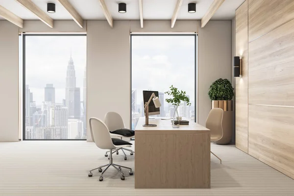 Nový Dřevěný Kancelářský Interiér Desktopem Vybavením Oknem Výhledem Město Dalšími — Stock fotografie