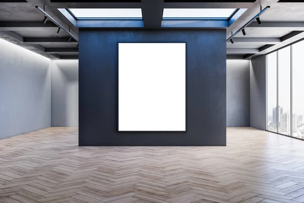 现代展览馆的内部 在黑暗的墙壁和木制地板上挂着模拟海报 3D渲染 — 图库照片