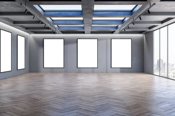壁や木製の床に空のモックアップポスターとモダンな展示ホールのインテリア 3Dレンダリング — ストック写真