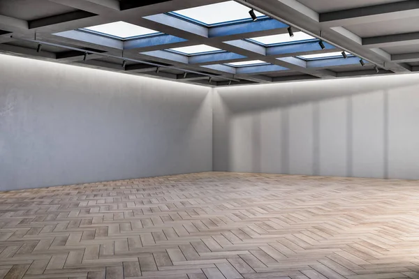 Interieur Der Zeitgenössischen Ausstellungshalle Mit Attrappen Wänden Und Holzböden Rendering — Stockfoto