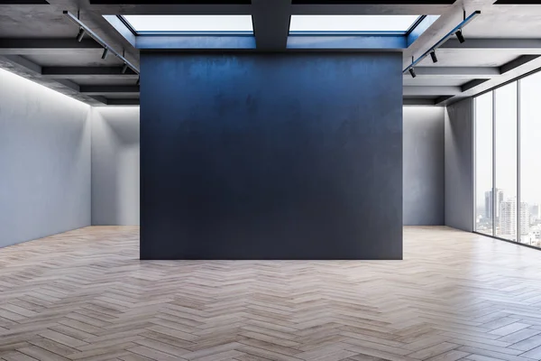 Modern Tentoonstellingshal Interieur Met Mock Plaats Donkere Muur Houten Vloeren — Stockfoto