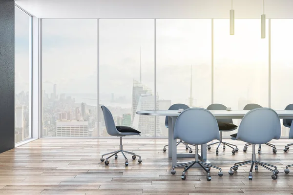 Minimal Wooden Concrete Meeting Room Interior Panoramic City View Daylight — Stock Photo, Image