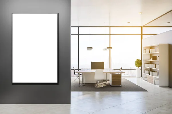 Modern Kantoorinterieur Met Lege Mock Frame Apparatuur Meubels Zonlicht Raam — Stockfoto