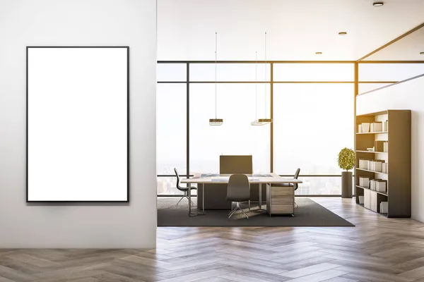 Modern Office Interior Equipment Empty Mock Poster Furniture Sunlight Window — Stock Photo, Image