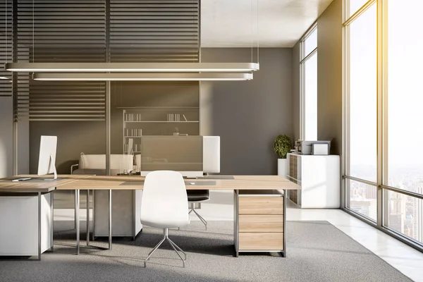 Limpie Interior Oficina Con Equipo Muebles Luz Solar Ventana Con — Foto de Stock