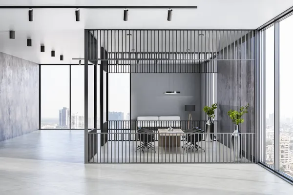 Interior Ruang Rapat Kaca Beton Modern Dengan Jendela Pemandangan Kota — Stok Foto