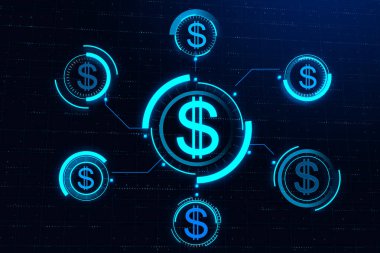 Koyu arkaplanda parlayan dijital mavi Amerikan dolar arayüzü hologramı. Para işi ve yatırım kavramı