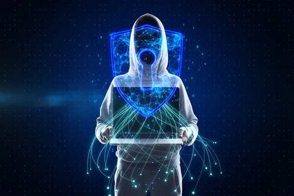 Hacker Hoodie Holding Laptop Computer Glowing Blue Padlock Hud Dark — 图库照片