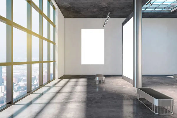 Intérieur Moderne Galerie Béton Avec Fenêtres Vue Sur Ville Lumière — Photo