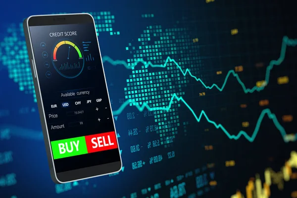 Close up of mobile phone with forex chart and sell, buy buttons on dark background. Stock exchange, cryptocurrency and global fund information concept. 3D Rendering