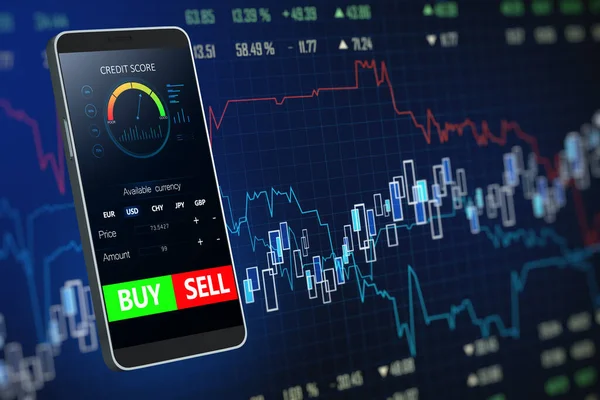 Zavřít Smartphone Forex Grafem Prodávat Koupit Tlačítka Tmavém Pozadí Informační — Stock fotografie