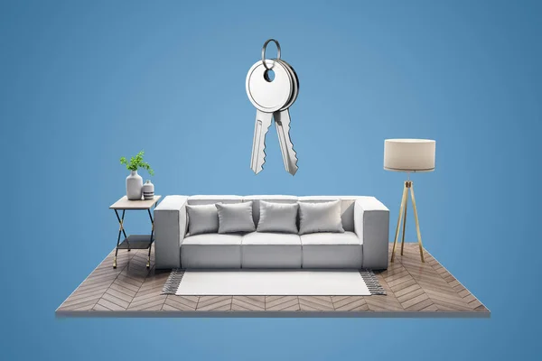 创新沙发和客厅碎片蓝色背景与银钥匙 抵押贷款和购房概念 3D渲染 — 图库照片