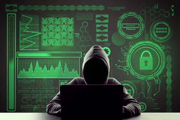 Hacker Desktop Mit Laptop Mit Abstrakter Digitaler Geschäftsoberfläche Auf Dunklem — Stockfoto