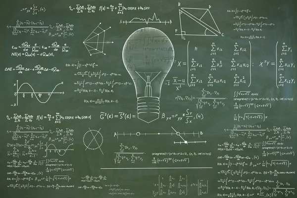 Schizzo Astratto Della Lampada Con Formule Matematiche Fondo Lavagna Lavagna — Foto Stock