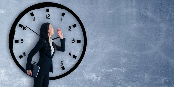 Attractive Happy Young European Businesswoman Standing Clock Sketch Concrete Wall — Stock Photo, Image