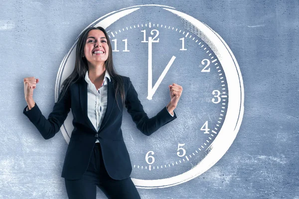 Attractive Happy Young European Woman Standing Clock Sketch Concrete Wall — Stock Photo, Image