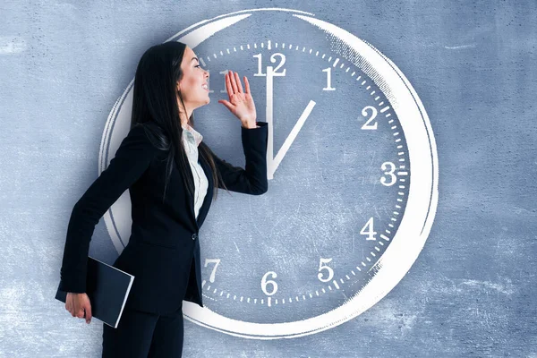 Attractive Happy Young European Businesswoman Standing Clock Sketch Concrete Wall — Stock Photo, Image