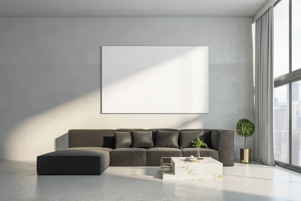 Moderne Woonkamer Interieur Met Lege Witte Mock Banner Betonnen Muur — Stockfoto