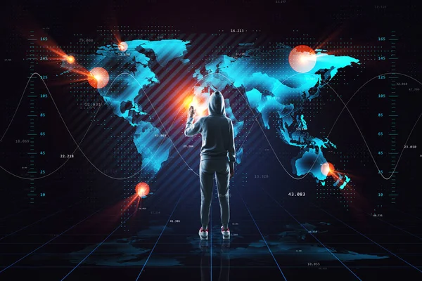 Haker Usando Holograma Mapa Brilhante Criativo Fundo Escuro Tecnologia Malware — Fotografia de Stock