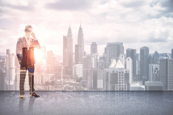 Attractive Young European Businessman Talking Phone Abstract Rooftop White City — Stock Photo, Image