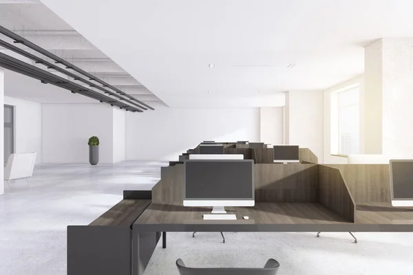 Moderno Interior Oficina Coworking Hormigón Con Muebles Monitores Ordenador Luz —  Fotos de Stock