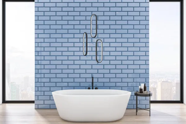 奢华的蓝色瓷砖 木制浴室内部有浴缸 全景城市景观 日光等物品 设计和酒店概念 3D渲染 — 图库照片
