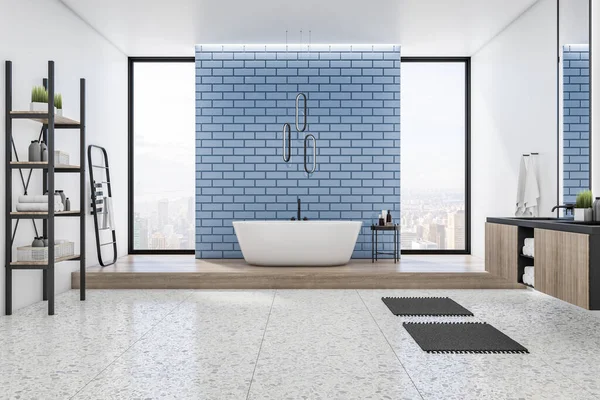 Modern Mavi Fayans Ahşap Beton Banyo Içi Küvet Panoramik Şehir — Stok fotoğraf
