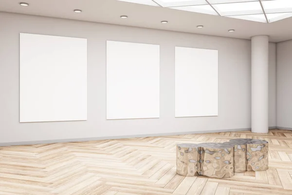 现代展览馆内饰木制地板 金光闪闪的座位 混凝土墙上空空的模拟框架 画廊概念 3D渲染 — 图库照片