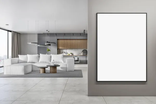 Moderno Interior Estúdio Cozinha Concreto Madeira Com Vazio Simular Cartaz — Fotografia de Stock