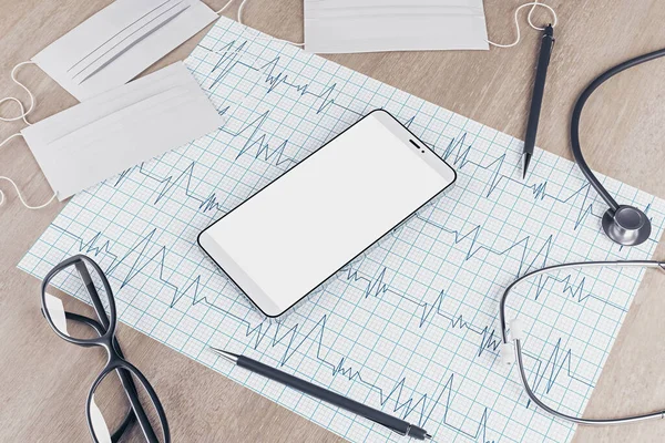 Ovanifrån Trä Skrivbord Med Tom Mobiltelefon Stetoskop Kardiogram Penna Andra — Stockfoto