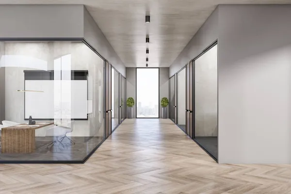 昂贵的混凝土和木制办公室内部走廊与玻璃隔板和家具 窗户与城市景观 工作场所概念 3D渲染 — 图库照片