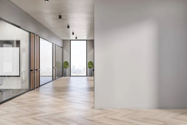 Moderno Corredor Interior Concreto Branco Escritório Madeira Com Vazio Mock — Fotografia de Stock