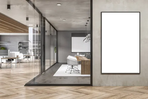 ガラス パーティションや家具 日光の空の白いモックアップポスターと現代的なコンクリートや木製のオフィスのインテリア 職場のコンセプト 3Dレンダリング — ストック写真