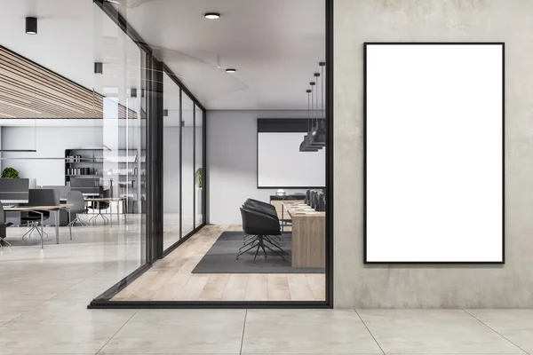 Moderno Interior Hormigón Madera Oficina Con Blanco Vacío Maqueta Póster —  Fotos de Stock