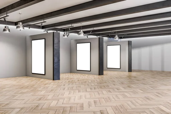Moderní Beton Dřevěný Prázdný Interiér Sloupy Bílými Vztyčují Transparenty Stěně — Stock fotografie