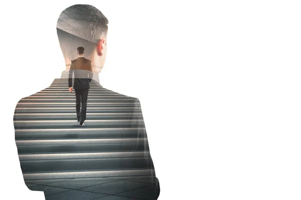 Imagem Criativa Homem Negócios Europeu Atraente Andando Escadas Abstratas Fundo — Fotografia de Stock