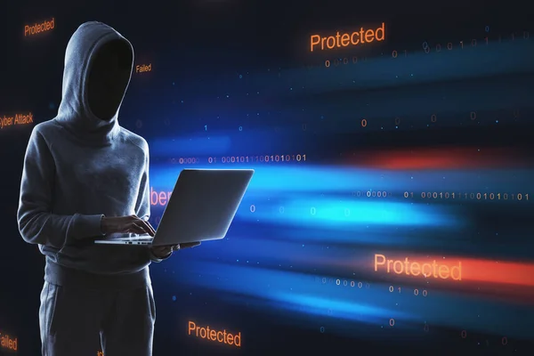 Hacker Utilizzando Laptop Con Codice Binario Astratto Sfondo Sfocato Attacco — Foto Stock